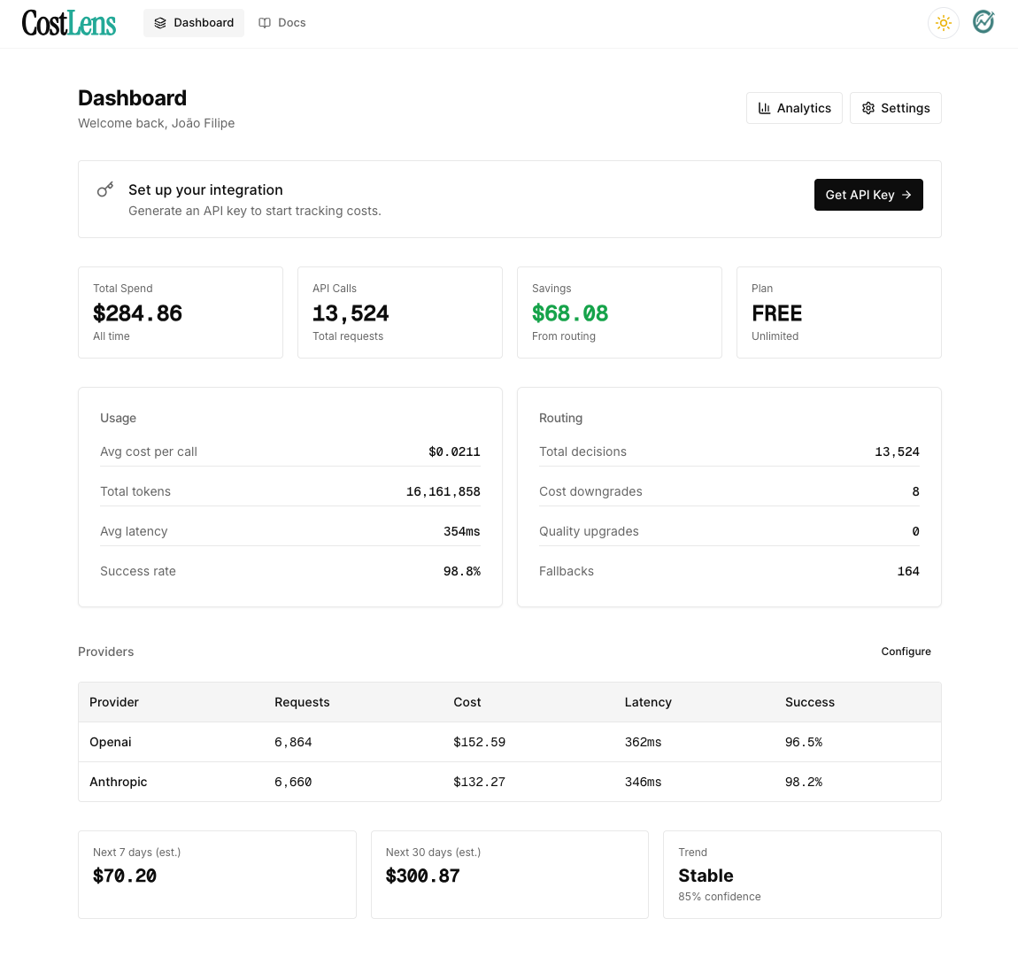 CostLens analytics dashboard showing cost tracking, daily spend chart, and request volume